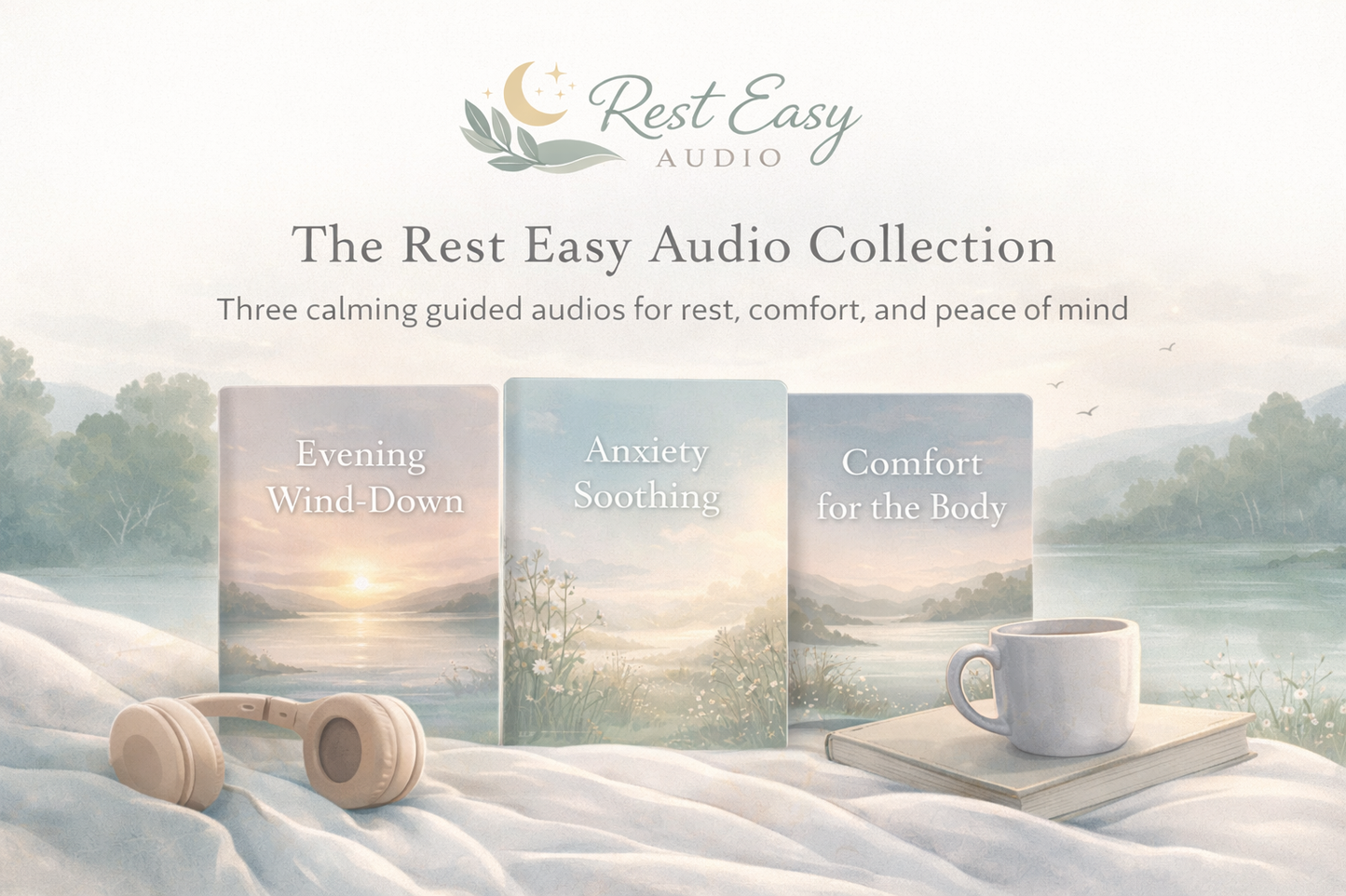 Promotional image for Rest Easy Audio Collection with three audio book covers and a cup of tea on a serene background.