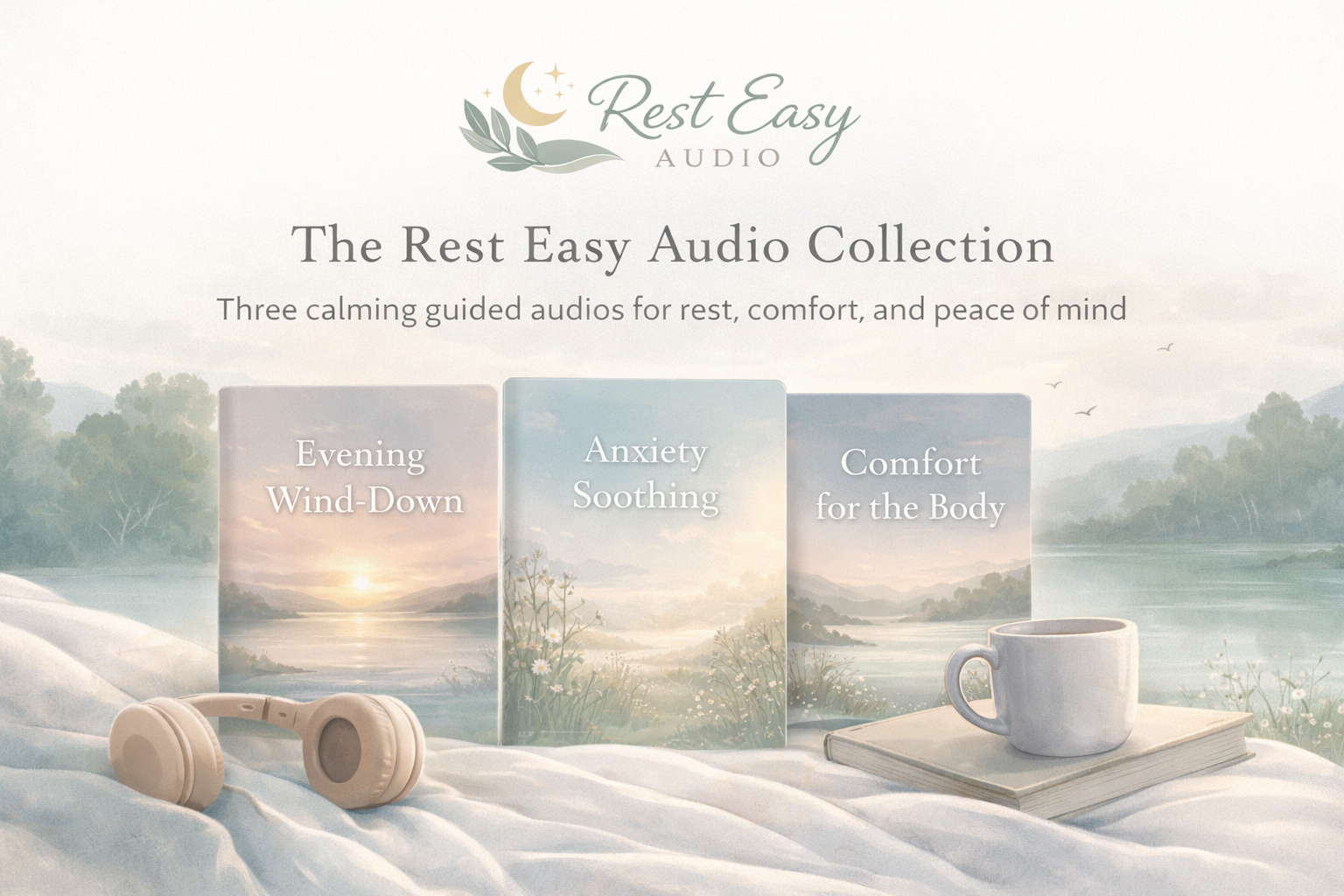 Promotional image for Rest Easy Audio Collection with three audio book covers and a cup of tea on a serene background.